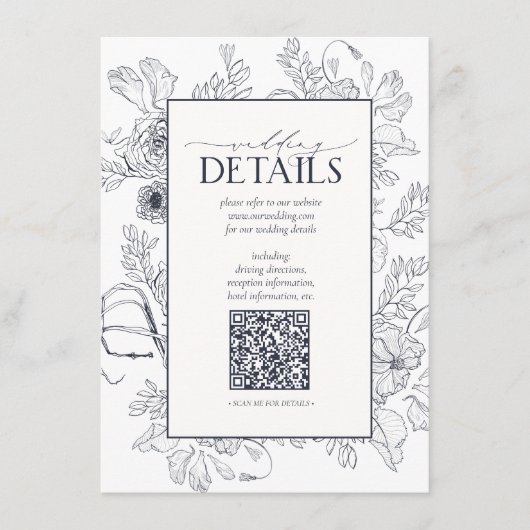 Carte D'accompagnement QR Code Navy Blue Floral Détails du Mariage (Devant)