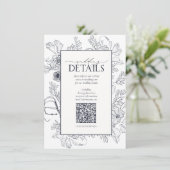 Carte D'accompagnement QR Code Navy Blue Floral Détails du Mariage (Debout devant)