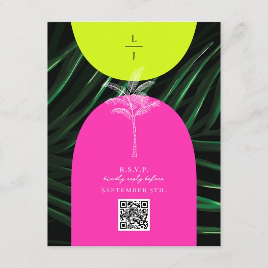 Carte D'accompagnement QR Code Neon Arches Monogramme Mariage tropical (Devant)