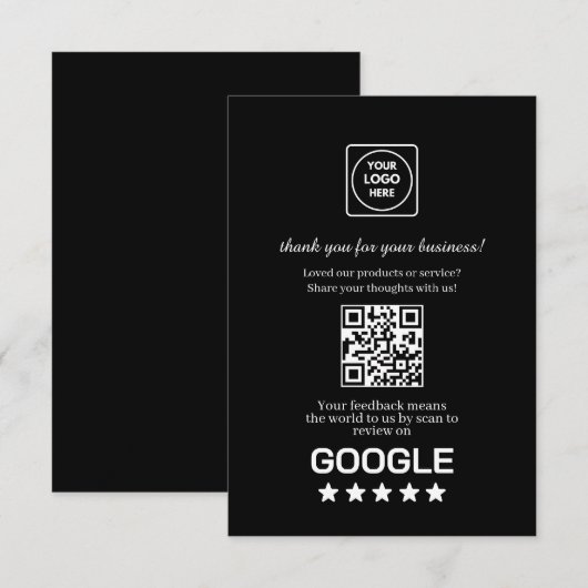 Carte D'accompagnement QR Code Noir | Lien de notation et d'avis Google (Devant / Derrière)