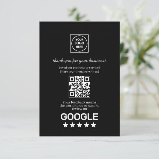 Carte D'accompagnement QR Code Noir | Lien de notation et d'avis Google (Debout devant)