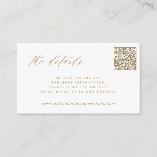 Carte D'accompagnement QR CODE or élégance mariage détails du site Web (Devant)
