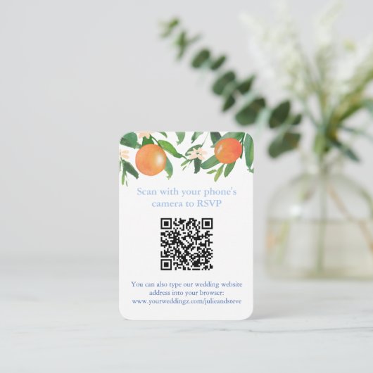 Carte D'accompagnement QR Code Oranges Bleu Et Blanc Citrus Mariage RSVP (Debout devant)