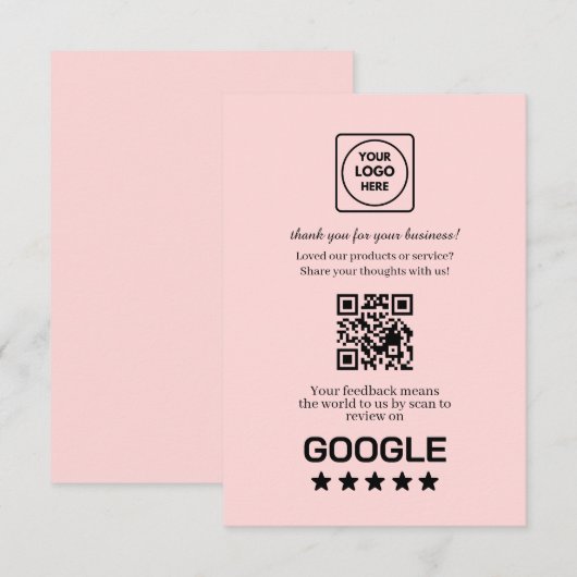 Carte D'accompagnement QR code rose | Lien de notation et d'avis Google (Devant / Derrière)