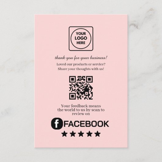 Carte D'accompagnement QR Code Rose | Lien de notation Facebook Business (Devant)