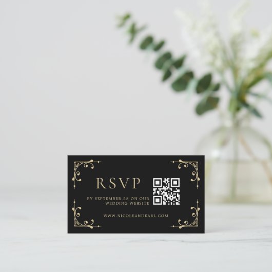 Carte D'accompagnement Qr Code RSVP Elegant Déco Gold Black Retro Mariage (Debout devant)