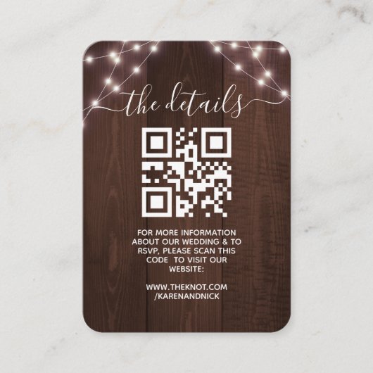 Carte D'accompagnement QR Code Rustic String Lights Mariage Informations (Devant)