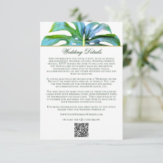 Carte D'accompagnement QR Code Tropical Leaf Beach Détails du mariage (Debout devant)