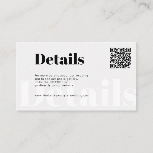 Carte D'accompagnement QR CODE typographie moderne mariage détails du sit (Devant)