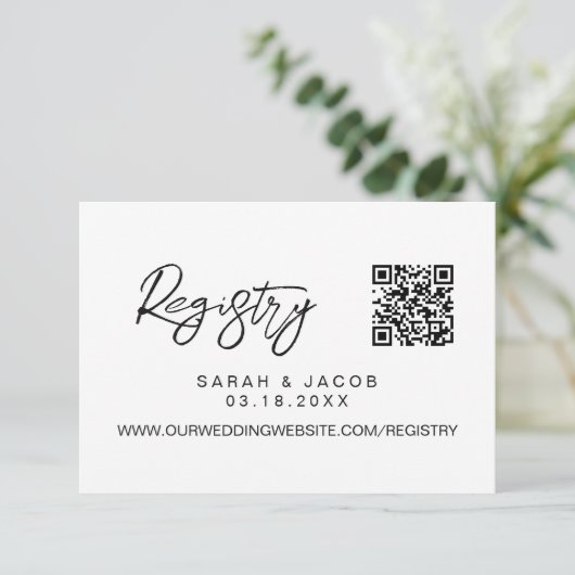 Carte D'accompagnement QR code wedding registry Modern script custom (Debout devant)