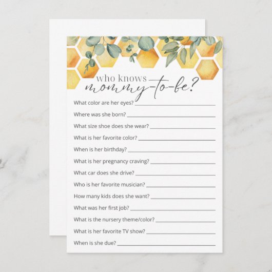 Carte D'accompagnement Qui Connaît Maman Bee Baby shower Jeu (Devant / Derrière)