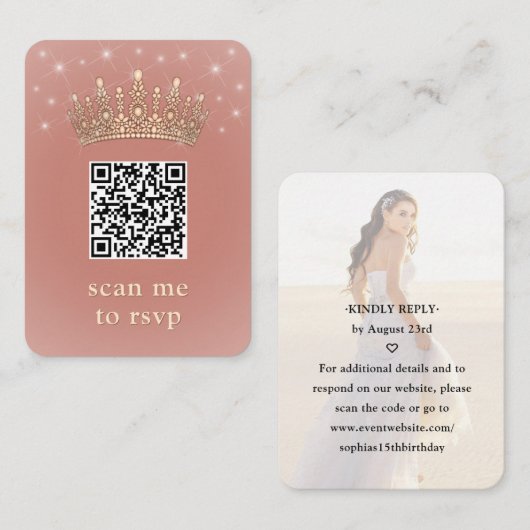 Carte D'accompagnement Quinceañera Photo QR RSVP Rose Gold Crown Scan Me (Devant / Derrière)