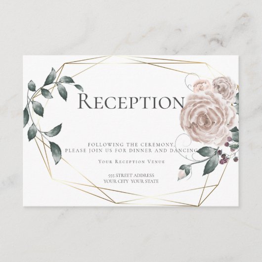 Carte D'accompagnement Réception | Aquarelle Fleurs Rose Poussiéreux Or (Devant)