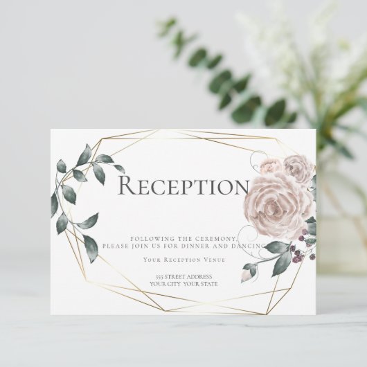 Carte D'accompagnement Réception | Aquarelle Fleurs Rose Poussiéreux Or (Debout devant)