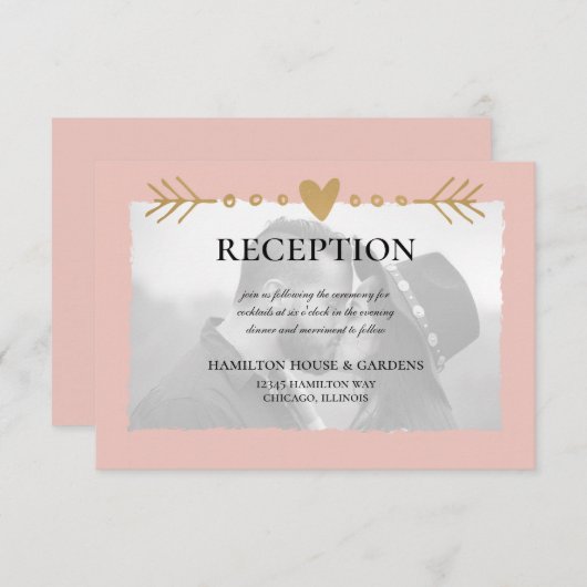 Carte D'accompagnement Réception Blush Modern Photo Gold Hearts (Devant / Derrière)