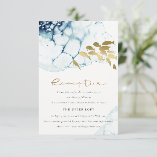 CARTE D'ACCOMPAGNEMENT RÉCEPTION CHIC GOLD NAVY UNDERWATER FISH WEB FISH (Debout devant)