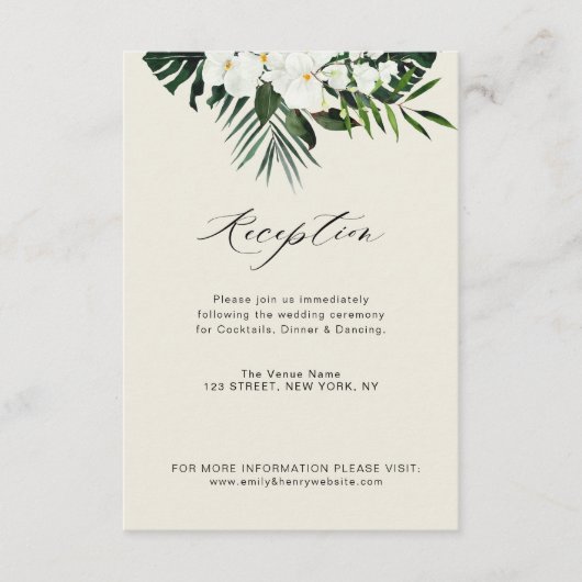 Carte D'accompagnement réception de mariage à fleurs blanches tropicales (Devant)