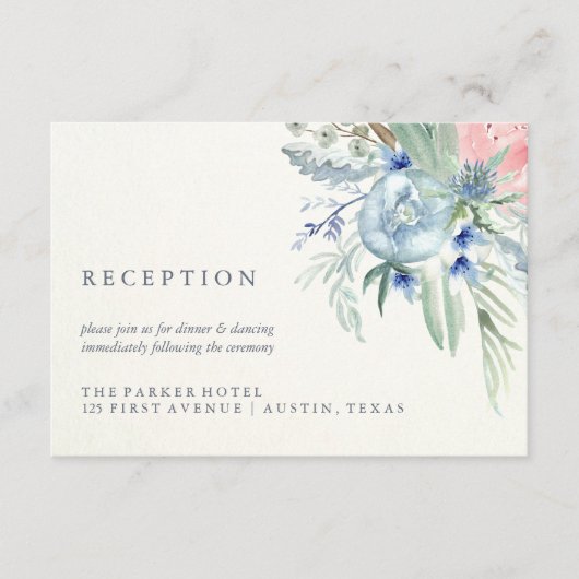 Carte D'accompagnement Réception de mariage à l'aquarelle Bleu et Rose Pi (Devant)