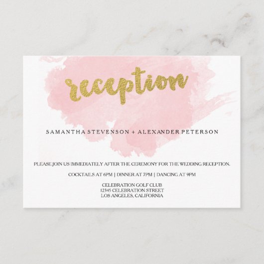 Carte D'accompagnement Réception de mariage à l'aquarelle or et blush (Devant)