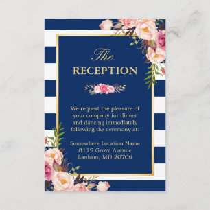 Carte D'accompagnement Réception de mariage à rayures bleu marine et fleu