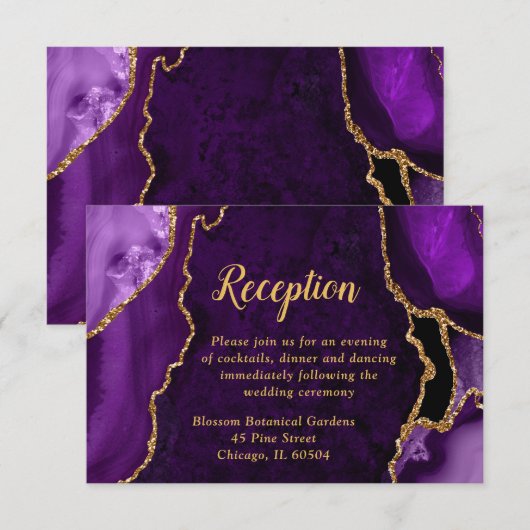 Carte D'accompagnement Réception de mariage agate pourpre et or (Devant / Derrière)