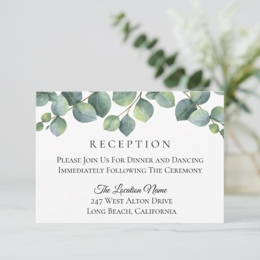 Carte D'accompagnement Réception de mariage au feuillage d'eucalyptus (Debout devant)