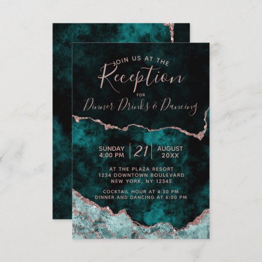 Carte D'accompagnement Réception de mariage avec marbre agate or rose et  (Devant / Derrière)