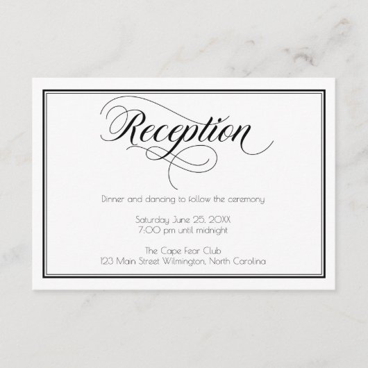 Carte D'accompagnement Réception de mariage Black & White Graceful Script (Devant)