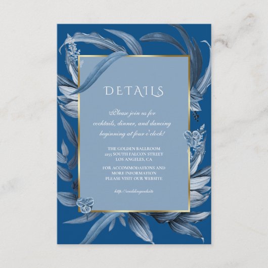 Carte D'accompagnement Réception de mariage bleu classique moderne doré (Devant)
