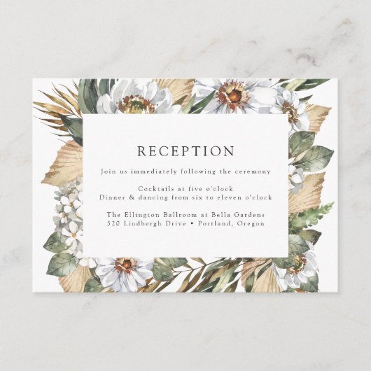 Carte D'accompagnement Réception de mariage bohème avec fleurs blanches e (Devant)