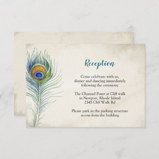 Carte D'accompagnement Réception de mariage bohème Peacock Feather (Devant / Derrière)