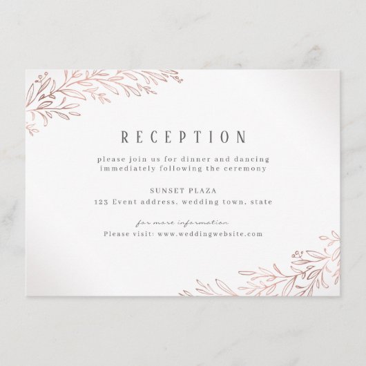 Carte D'accompagnement Réception de mariage botanique dorée rose (Devant)