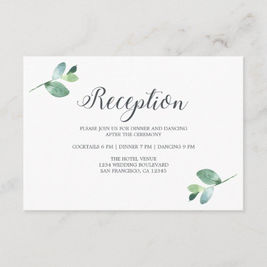 Carte D'accompagnement Réception de mariage chic Script Eucalyptus Foliag (Devant)