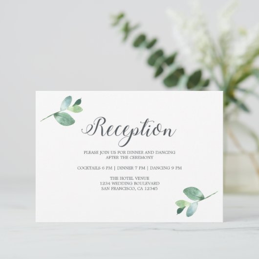 Carte D'accompagnement Réception de mariage chic Script Eucalyptus Foliag (Debout devant)