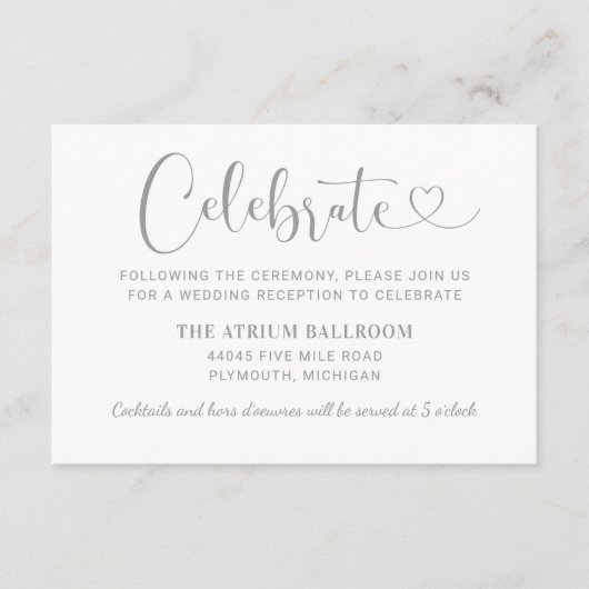 Carte D'accompagnement Réception De Mariage De Script Coeur Argent Modern (Devant)