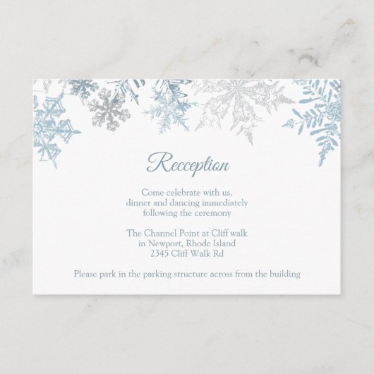 Carte D'accompagnement Réception de mariage d'hiver Silver Blue Snowflake (Devant)