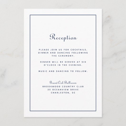 Carte D'accompagnement Réception de mariage Écriture élégante Bleu marine (Devant)