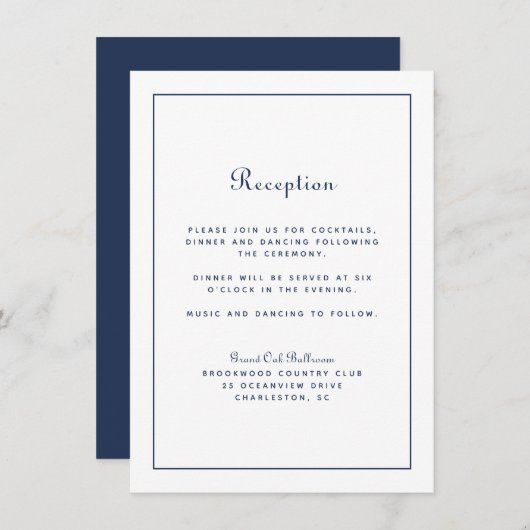 Carte D'accompagnement Réception de Mariage Élégant Script Bleu Marine Cl (Devant / Derrière)