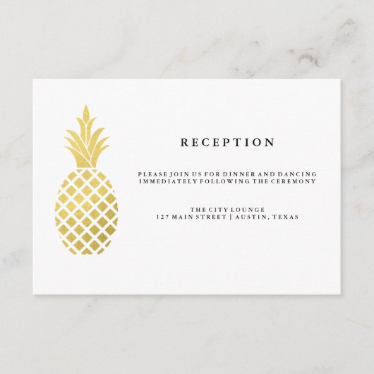 Carte D'accompagnement Réception de mariage élégante au pineapple or (Devant)