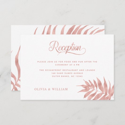 Carte D'accompagnement Réception de mariage élégante tropicale rose gold  (Devant / Derrière)