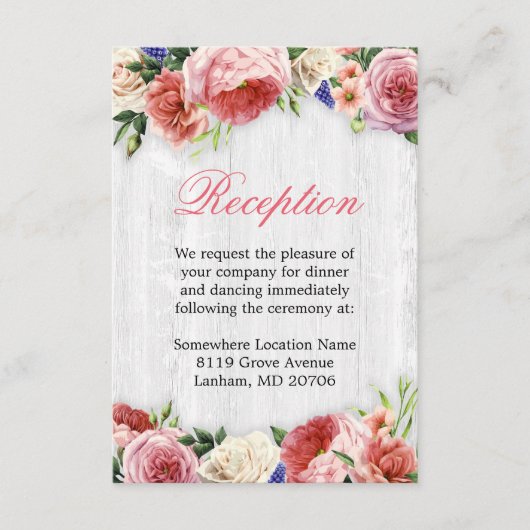 Carte D'accompagnement Réception de mariage en bois floral rustique rose (Devant)