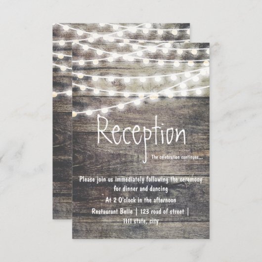 Carte D'accompagnement Réception de mariage en bois rustique et lampes à  (Devant / Derrière)