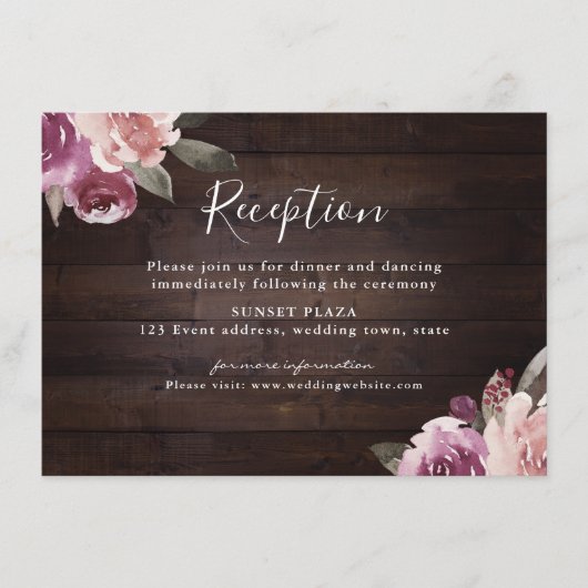 Carte D'accompagnement Réception de mariage en bois rustique mauve (Devant)