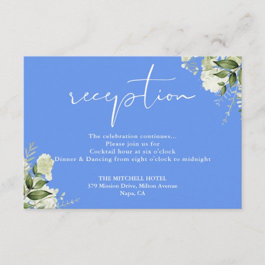 Carte D'accompagnement Réception de mariage en écriture verdure bleu barb (Devant)