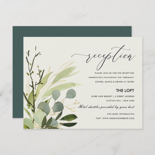 CARTE D'ACCOMPAGNEMENT RÉCEPTION DE MARIAGE EN FOLIAGE VERT EN FEUILLE D' (Devant / Derrière)