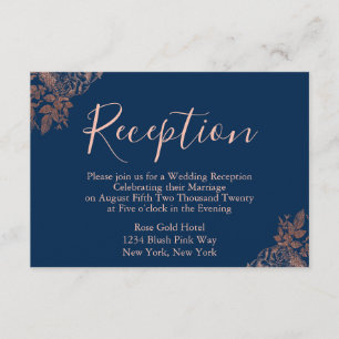 Carte D'accompagnement Réception de mariage en or rose et bleu marine