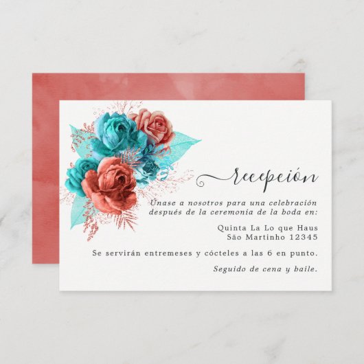 Carte D'accompagnement Réception de mariage espagnole Turquoise et Corail (Devant / Derrière)