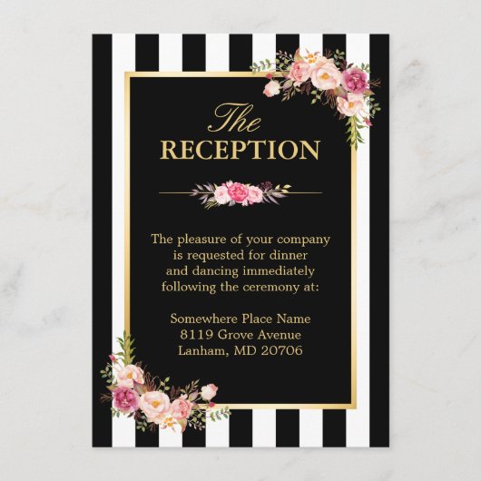 Carte D'accompagnement Réception de mariage Fleurs Or Noir Blanc Rayures (Devant)