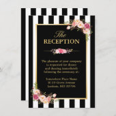 Carte D'accompagnement Réception de mariage Fleurs Or Noir Blanc Rayures (Devant / Derrière)