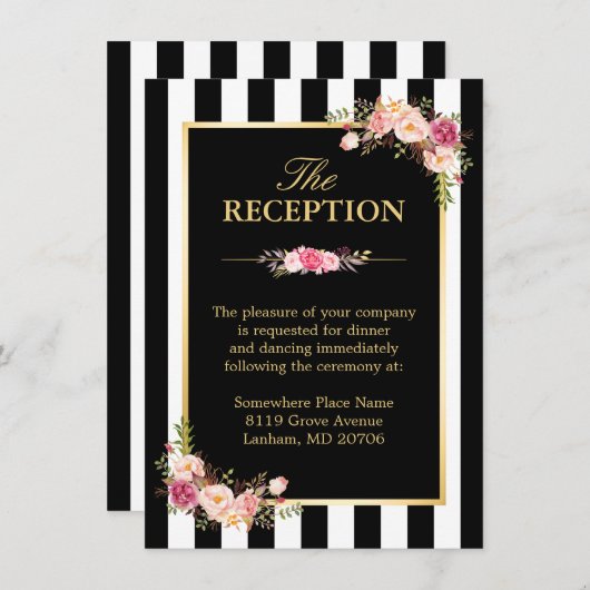 Carte D'accompagnement Réception de mariage Fleurs Or Noir Blanc Rayures (Devant / Derrière)